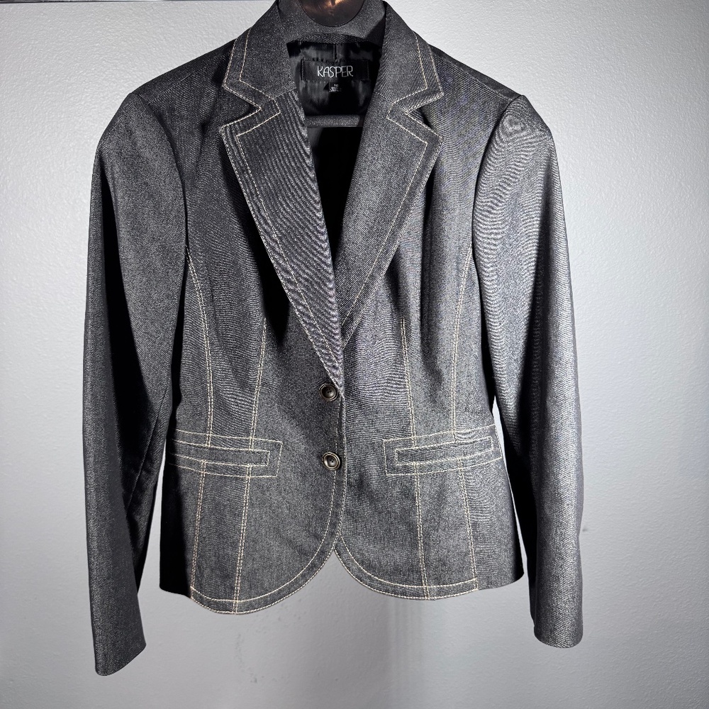 Kasper Womens‎ Denim Look Blazer Jacket Gray Contrast Stitch Two Button Size 10
